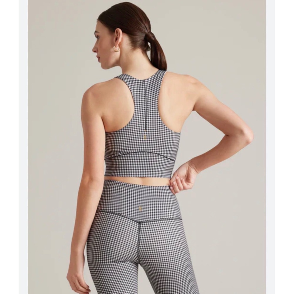 Rhone Womens Gingham Racerback Crop Top High Neck Athletic Tank Black White S